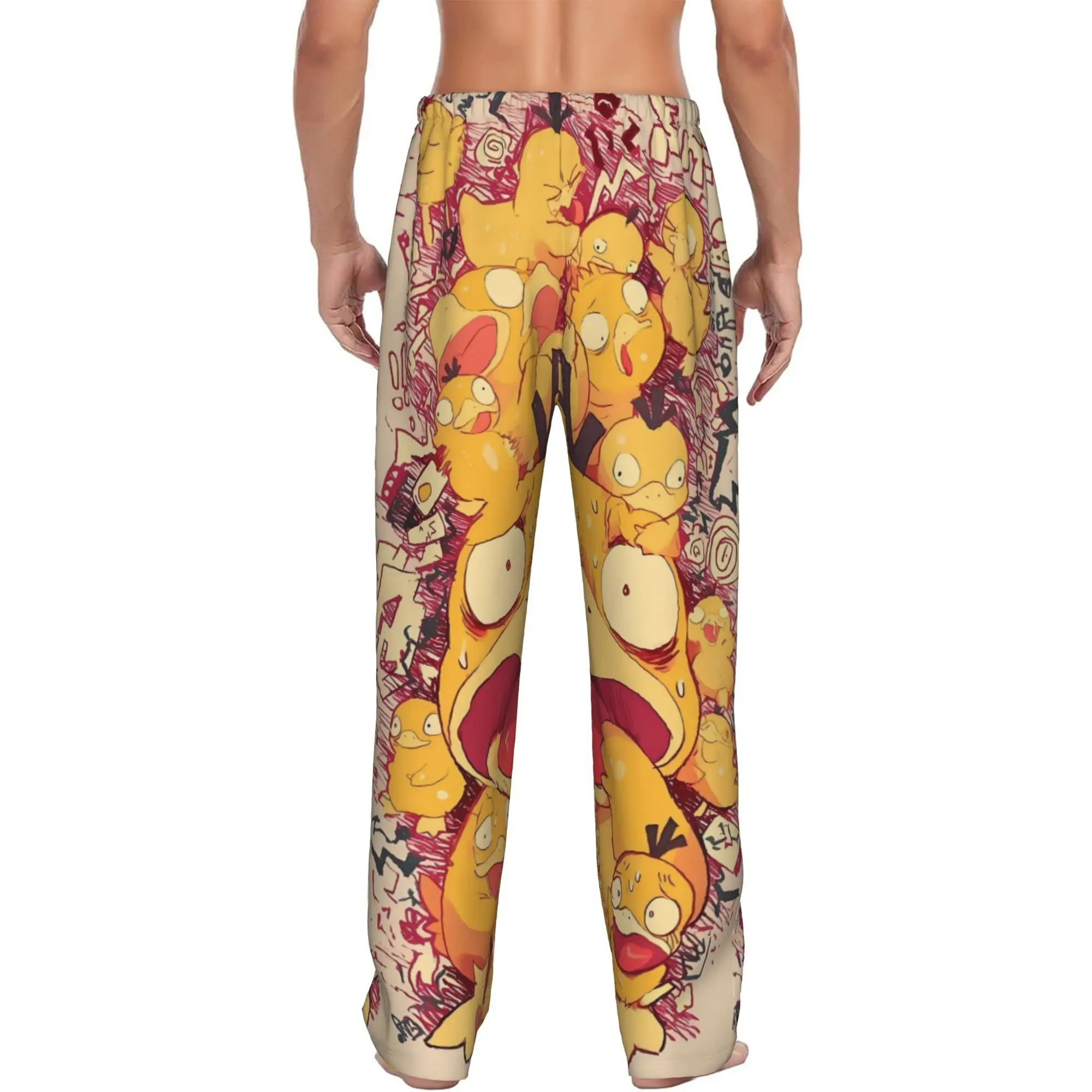 Custom P-Psyducked Cartoon Pajama Pants for Men Duck Animated Sleepwear Lounge Sleep Bottoms Stretch with Pockets