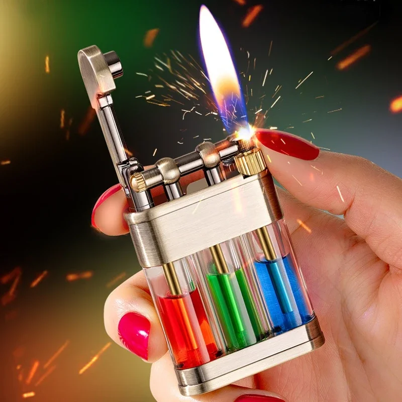 Three-Color Transparent Fuel Tank Lighter, High-Concentration Colorant Effect, Classic Retro Grinding-Wheel Structure