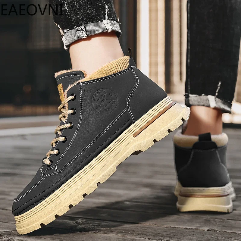 ผู้ชายรองเท้ารอบ Toe LACE-up Men BOOT กํามะหยี่หนาสวมใส่รองเท้าหนัง Man Hard-Wearing WARM Plush คลาสสิก