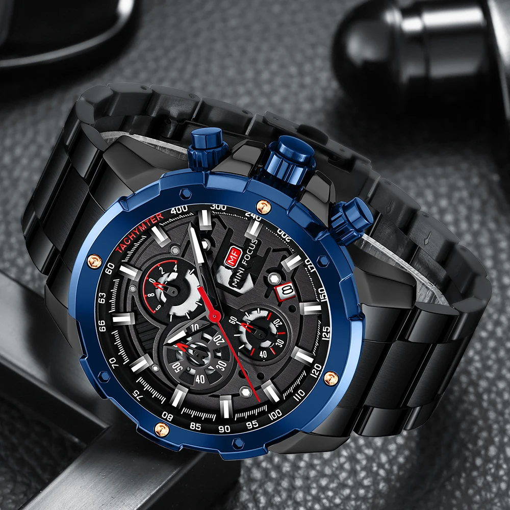 MINI FOCUS Stainless Steel Man Watch Leisure Fashion Quartz Wrist Watches Waterproof Outdoor Multifunctional Sports Watch 0401G