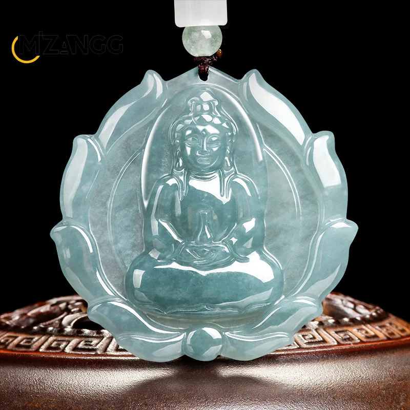 

Genuine Natural Jadeite Blue Water Lotus Net Bottle Avalokitesvara Pendant Ice Jade Men's and Women's Necklaces Lucky Amulet