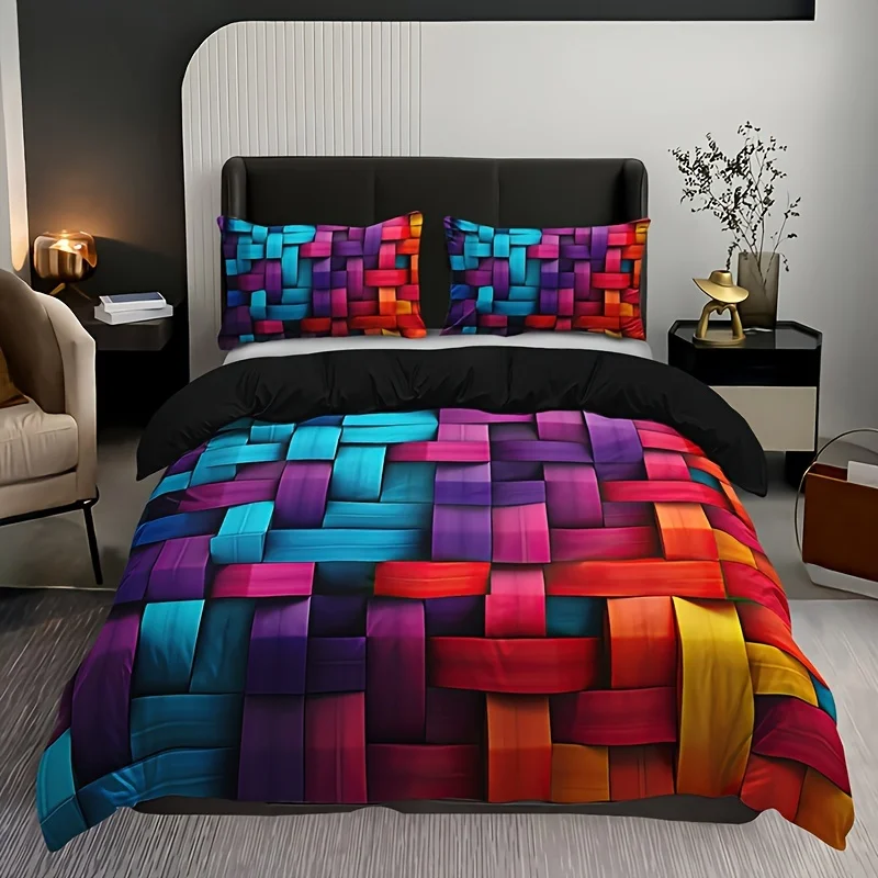 

3pcs Colorful Geometric Plaid Duvet Cover Set, 1 Duvet Cover + 2 Pillowcases (No Pillow Inserts), High-Definition Print for Home