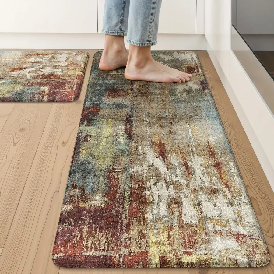 

Kitchen Mats Cushioned Anti Fatigue Sets of 2,Non Slip Waterproof Kitchen Mats for Floor,Memory Foam Comfort Abstract Red Kitche