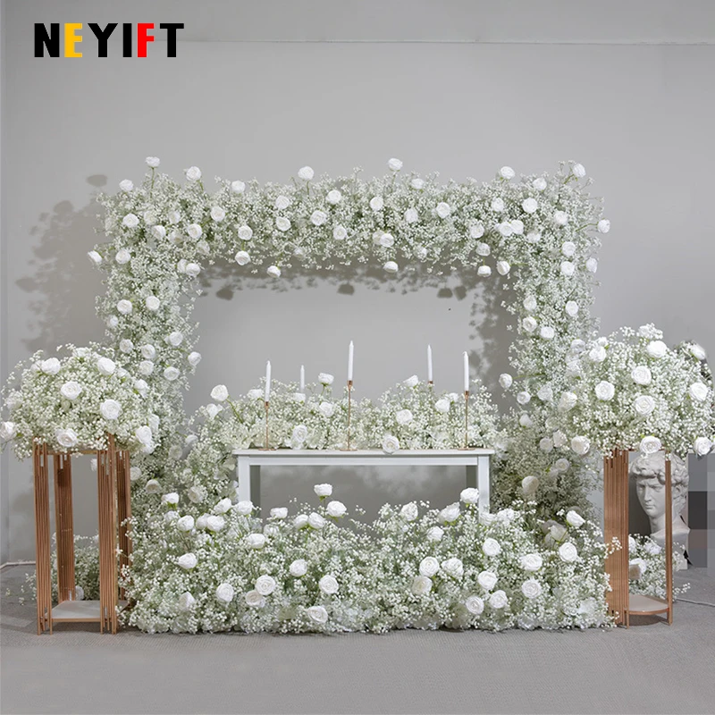 Custom Baby Breath Rose Flower Row Wedding Backdrop Arch Arrangement Party Table Centerpieces Ball Event Table Flower Runner