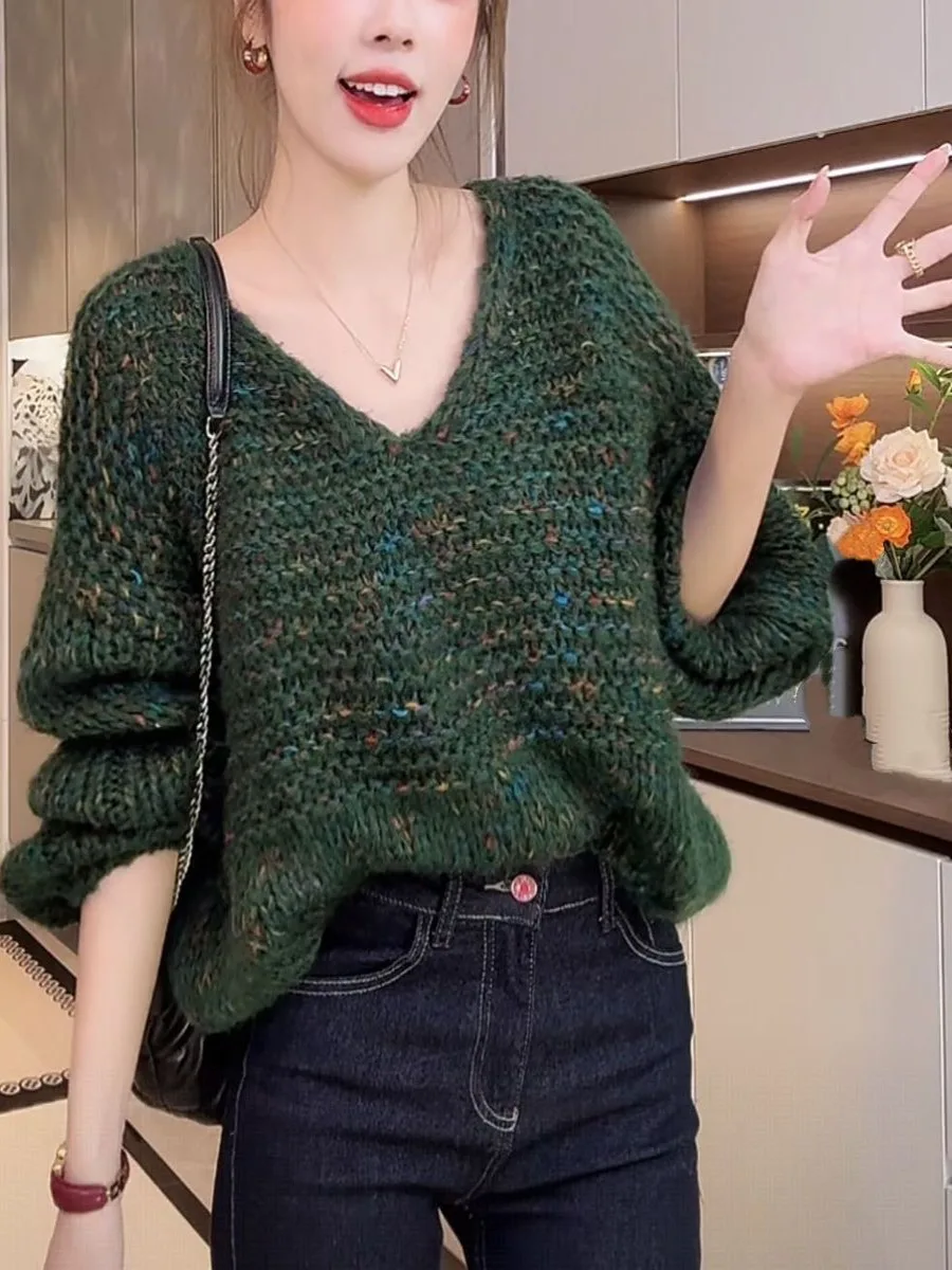 Korean Sle V-Ne Knitwear Soft Loose Women's Sweater Autumn Winter New Arrival Versatile Comfortable Warm  Color