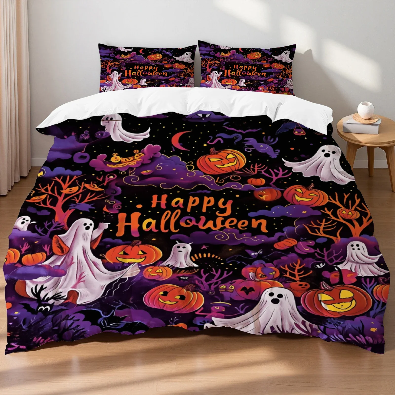 3Pcs Halloween Bed Linen Duvet Cover Set, Soft Cozy  with 2Pillowcases,  Home Decor Bedding Set in single Twin Queen Size