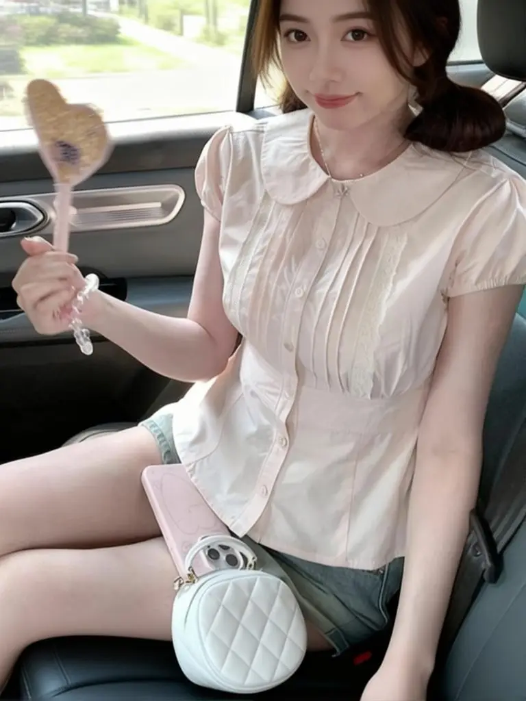 Cute Babydoll Top Women Pink Summer Blouse Casual Short Sleeve Shirt Vintage Lace Designer Button up Shirt Basic