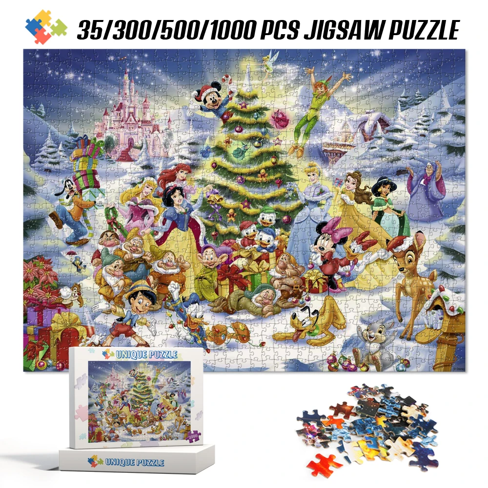 Teka-teki Jigsaw Kartun Natal Keluarga Disney 1000 Buah Mainan Dekompresi Jigsaw Karton untuk Orang Dewasa Mainan Anime untuk Anak-anak