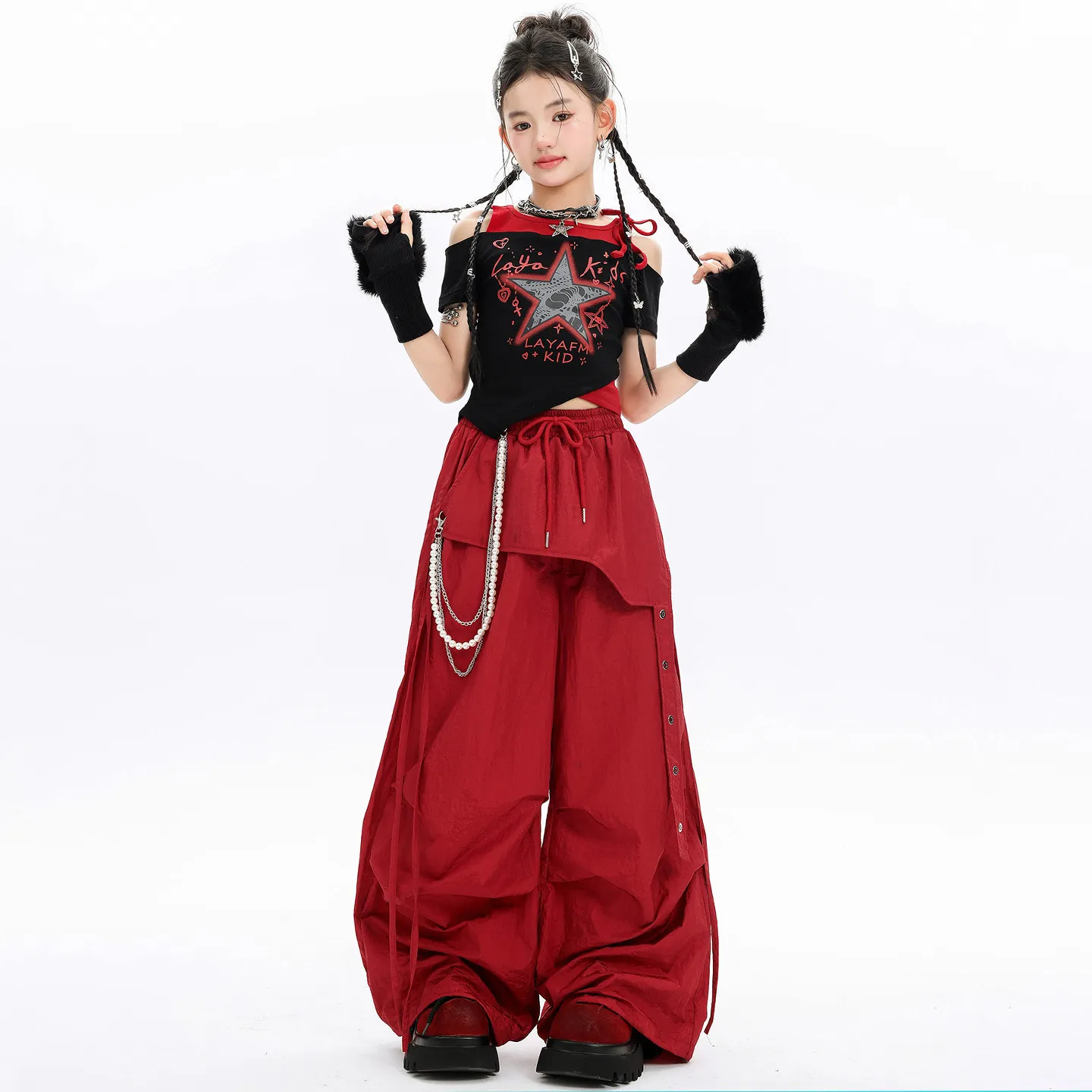 

Kid Kpop Hip Hop Clothing Black Off Shoulder Crop T Shirt Red Strap Front Overlay Parachute Pants for Girl Dance Costume Clothes