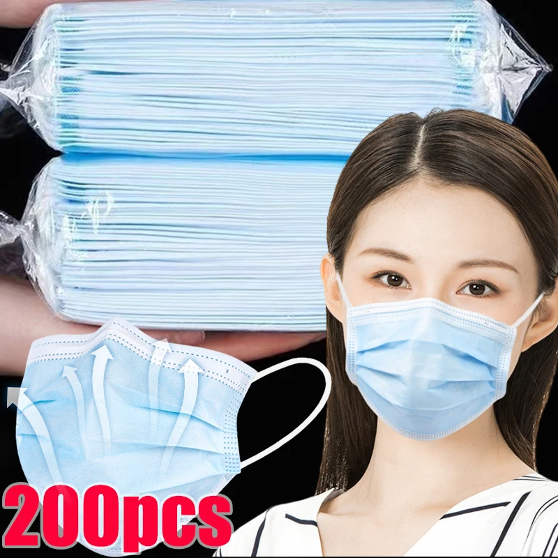 

50/200pcs Face Protector Masks Blue White Adult Disposable Mask Mouth Cover 3 Layer Mouth Filter Masks Mascarillas Facemask