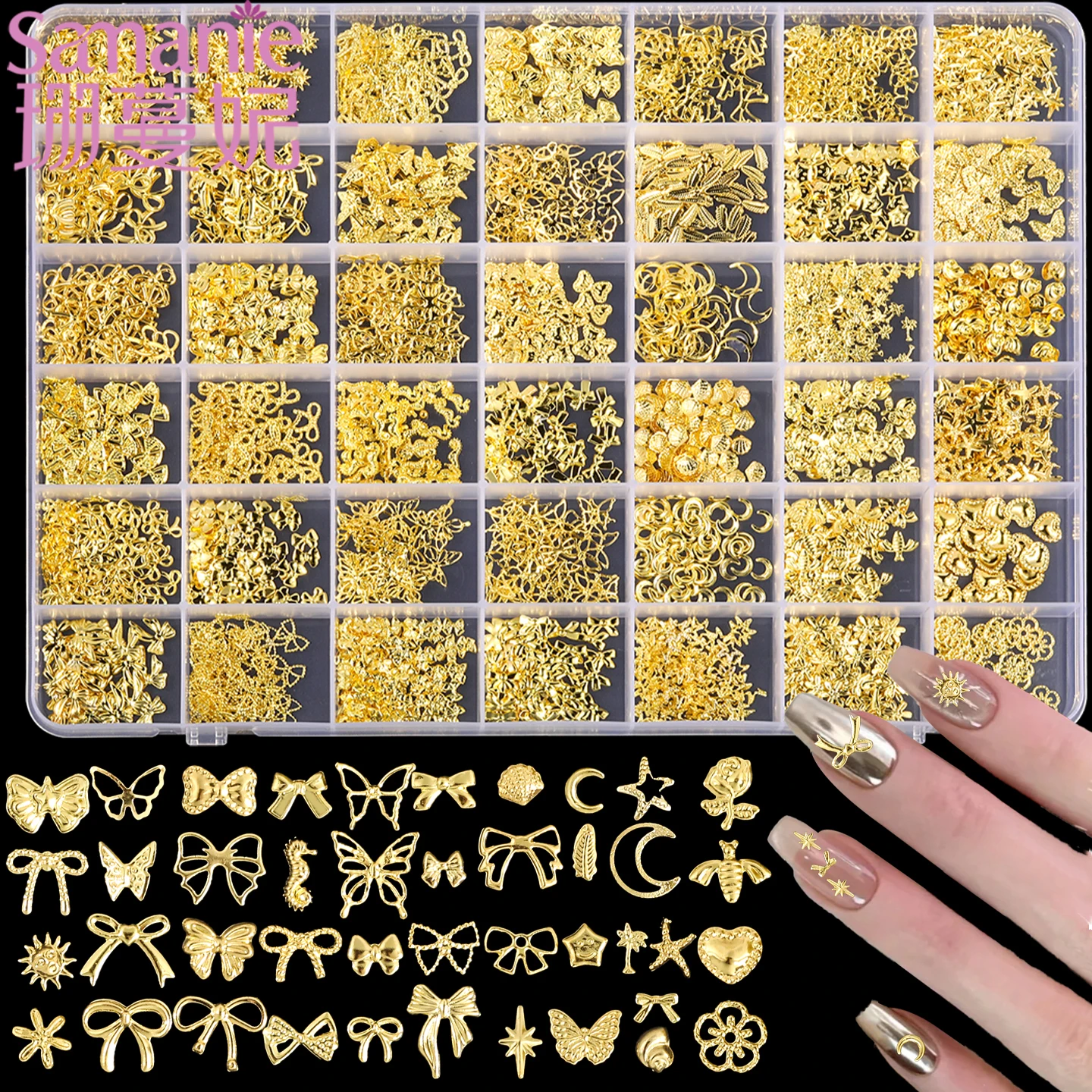 SANANIE 42 Grids Luxury 3D Gold Bow Butterfly Nail Metal Charms Shiny Cute Bowtie Flower Nail Art Jewelry Accessories Supplies