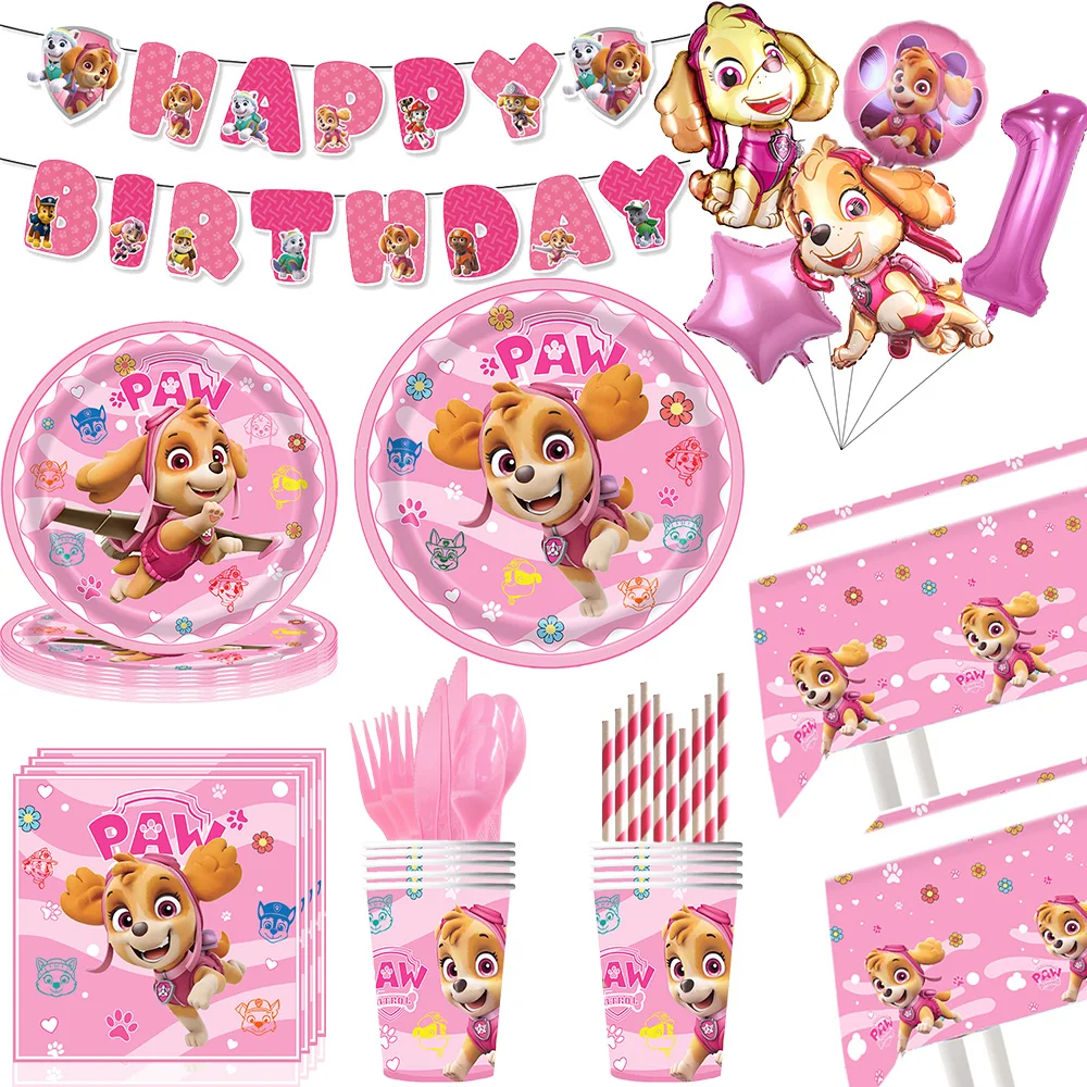 

Cartoon Paw Patrol Birthday Decoration Pink Dogs Skye Disposable Tableware Cup Plate Tablecloth Girl Baby Shower Party Supplies