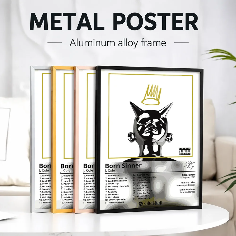J Cole Born Sinner Album Framed Aluminum Metal Poster Customized Photo Editorial Tracklist Style Wall Art For Bedroom Fan Gift