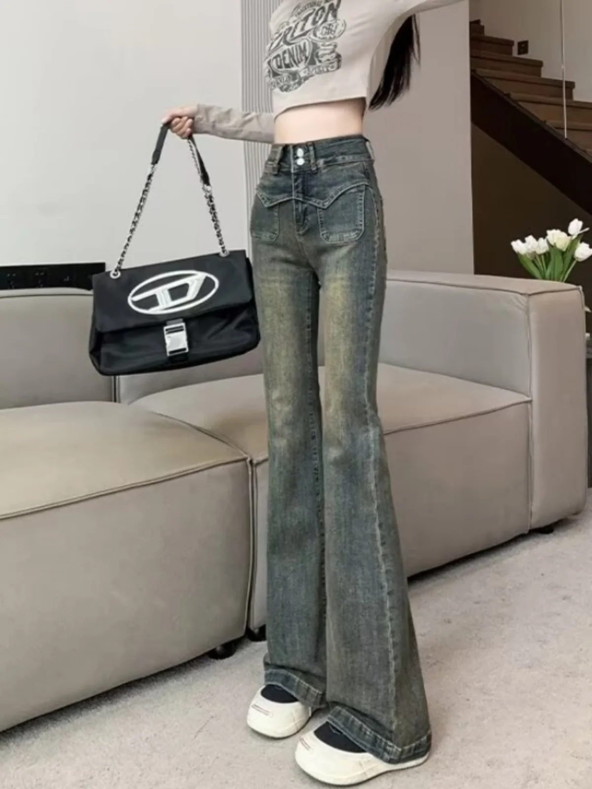 

Джинсы женские с высокой талией, облегающие, в американском ретро-стиле, с легким расклешением, длинные брюки, модные, темно-синие джинсы из денима