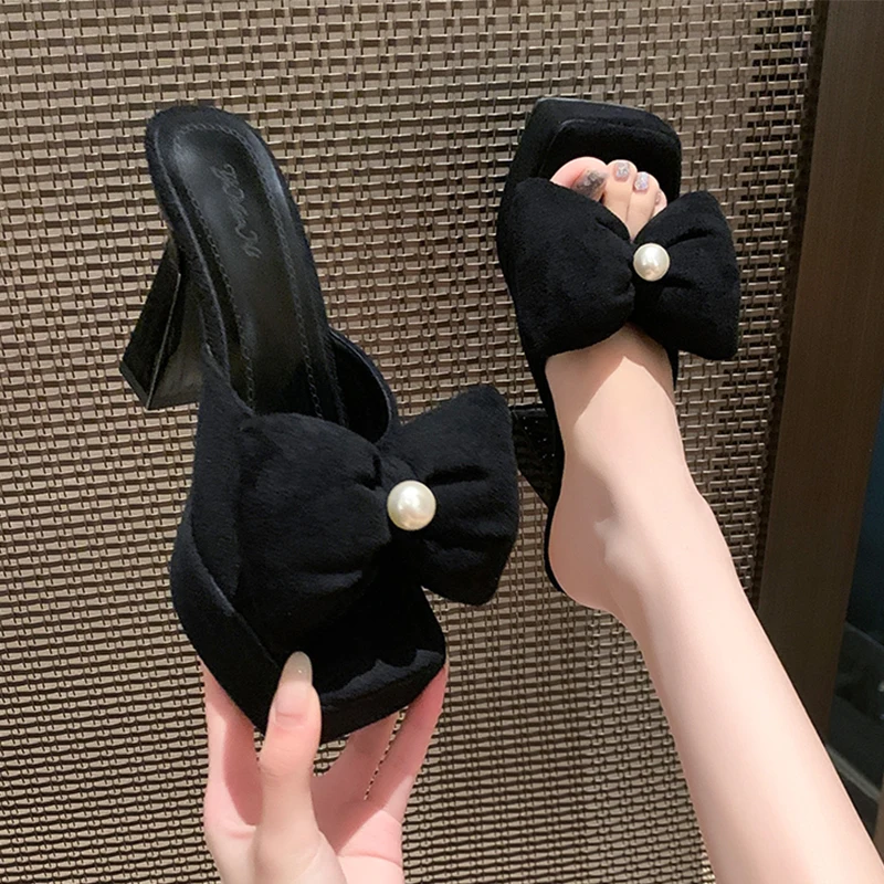 Women Leopard Bow Slippers Platform High Heels Shoes Square Toe Pearl Sandals Summer 2026 Sexy Party Shoes Chunky Slides Mujer