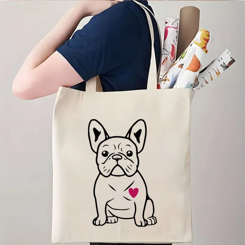 1pc, Featuring a Double-Sided Design. This Spacious Foldable Tote Bag Showcases an Adorable French Bulldog Face And Heart Motif,