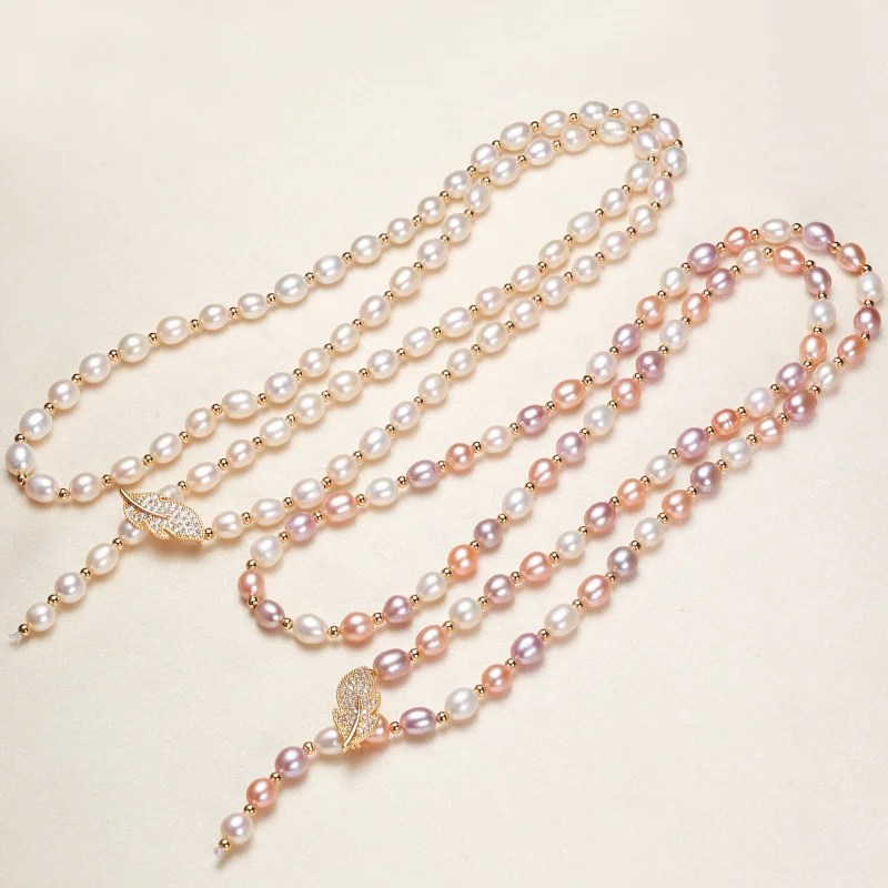 

80Cm Freshwater Pearl Necklace Long Leaf Sweater Chain Double Layer Neck Accessory
