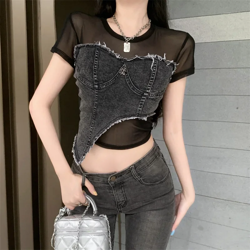 Été Newspicy Girl Denim Patchwork T-shirt irrégulier femmes coupe ajustée conception à manches courtes haut Vintage