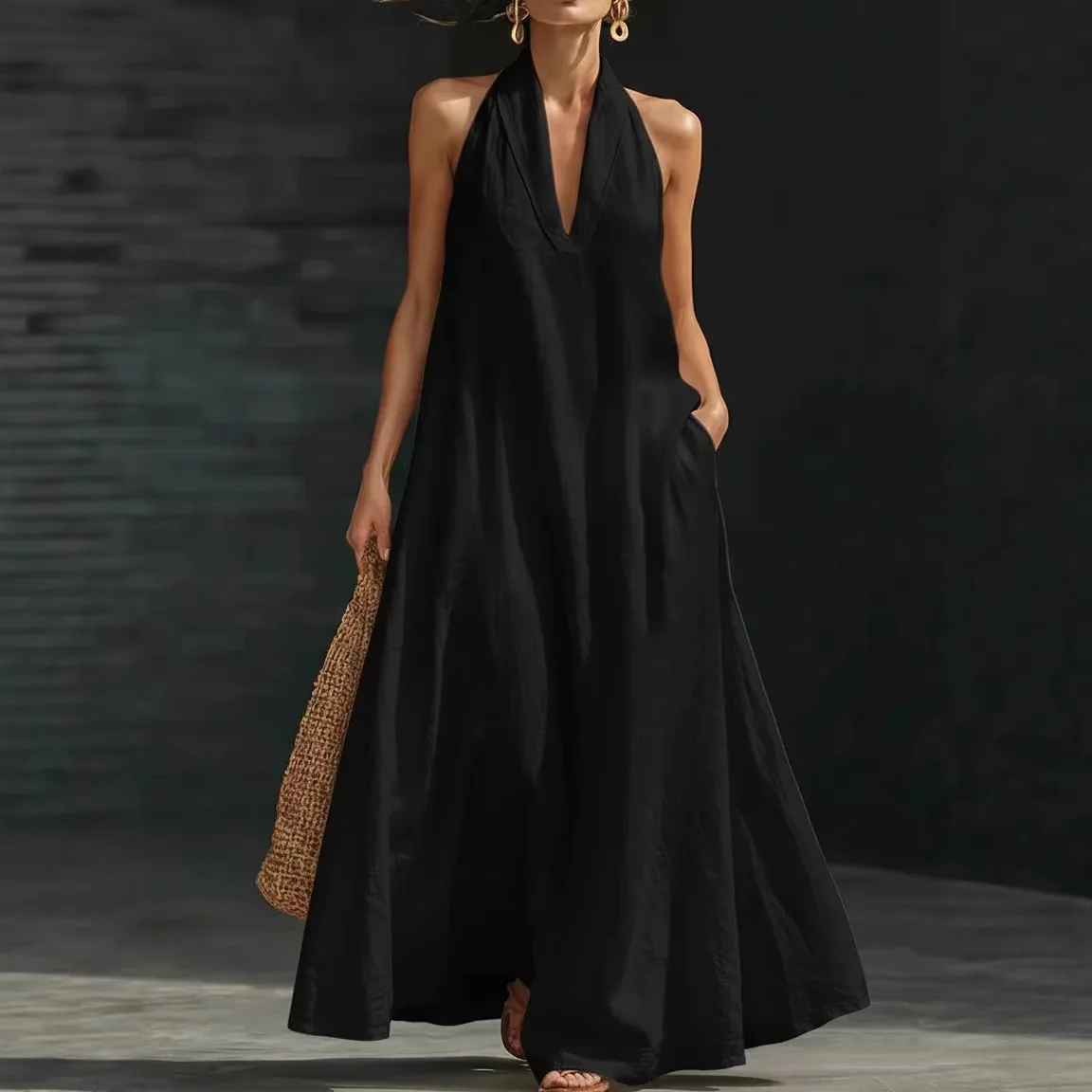 

Women Fashion Linen Dresses Elegant Halter Deep V Neck Sleeveless Big Swing Maxi Dress Casual Long Dresses Streetwear Sundress