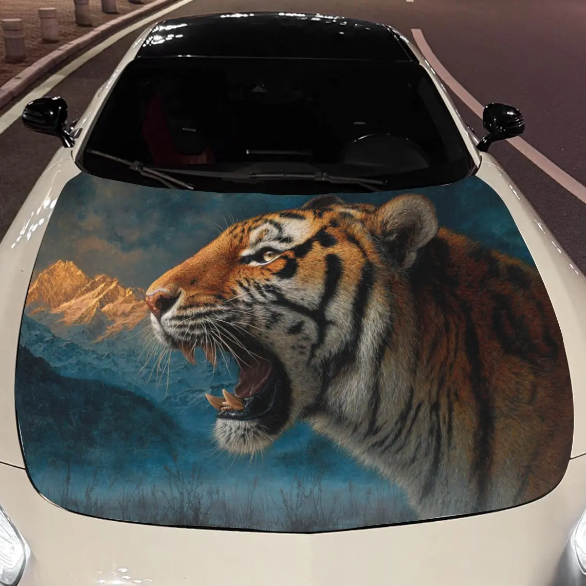 Car Decals A Tiger With A Fierce And Dynamic Aura In A Colorful, Nature - Inspired Backdrop Car Hood Sticker, Waterproof Self -