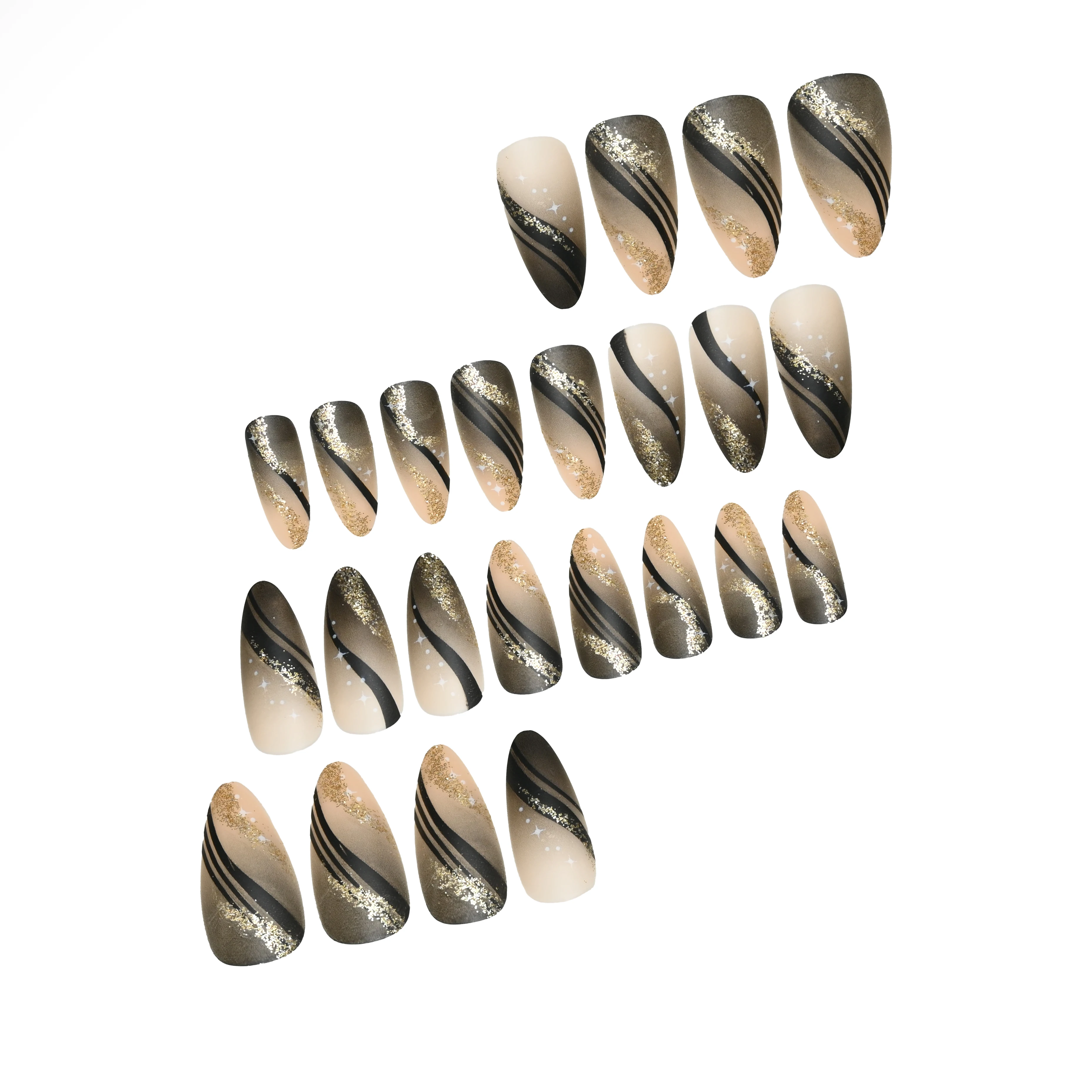 Full set of 24-piece almond fake nails - designed with nude black gradient, hand drawn black stripes & golden glitter, fashionab