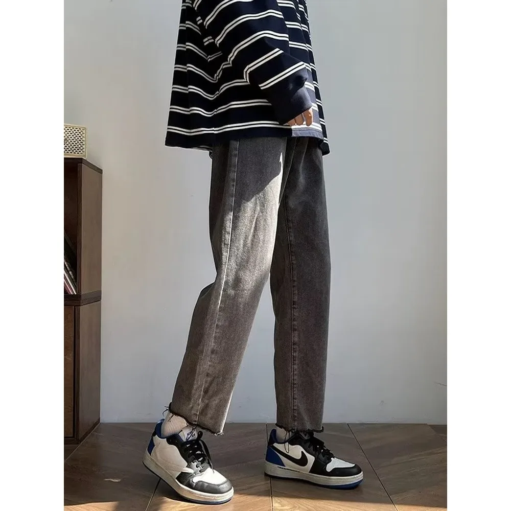 Loose Straight Leg Men's Casual Jeans Fashionable Versatile mid Waist Polyester Cotton Blend All Season Neutral Wide Leg Pants