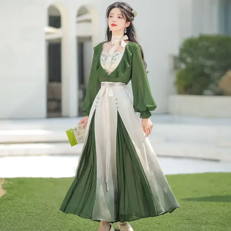 

2023 Summer Original Elegant Chiffon Green Floral Printed Hanfu Dress 4pcs Women Improved Chinese Modern Fairy Party Dresses