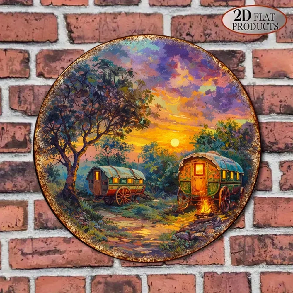 Vintage Gypsy Trailer Sunset Round Aluminum Wall Art, Waterproof Metal Sign for Living Room Bedroom Cafe Decor Gift