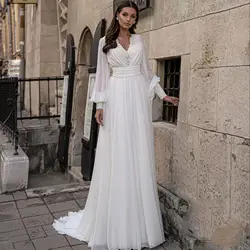2024 Spring Wedding Dresses Full Sleeves Vestido de Novia Lace V Neck Bridal Gowns Boho Chiffon Robes de mariée Made to Order