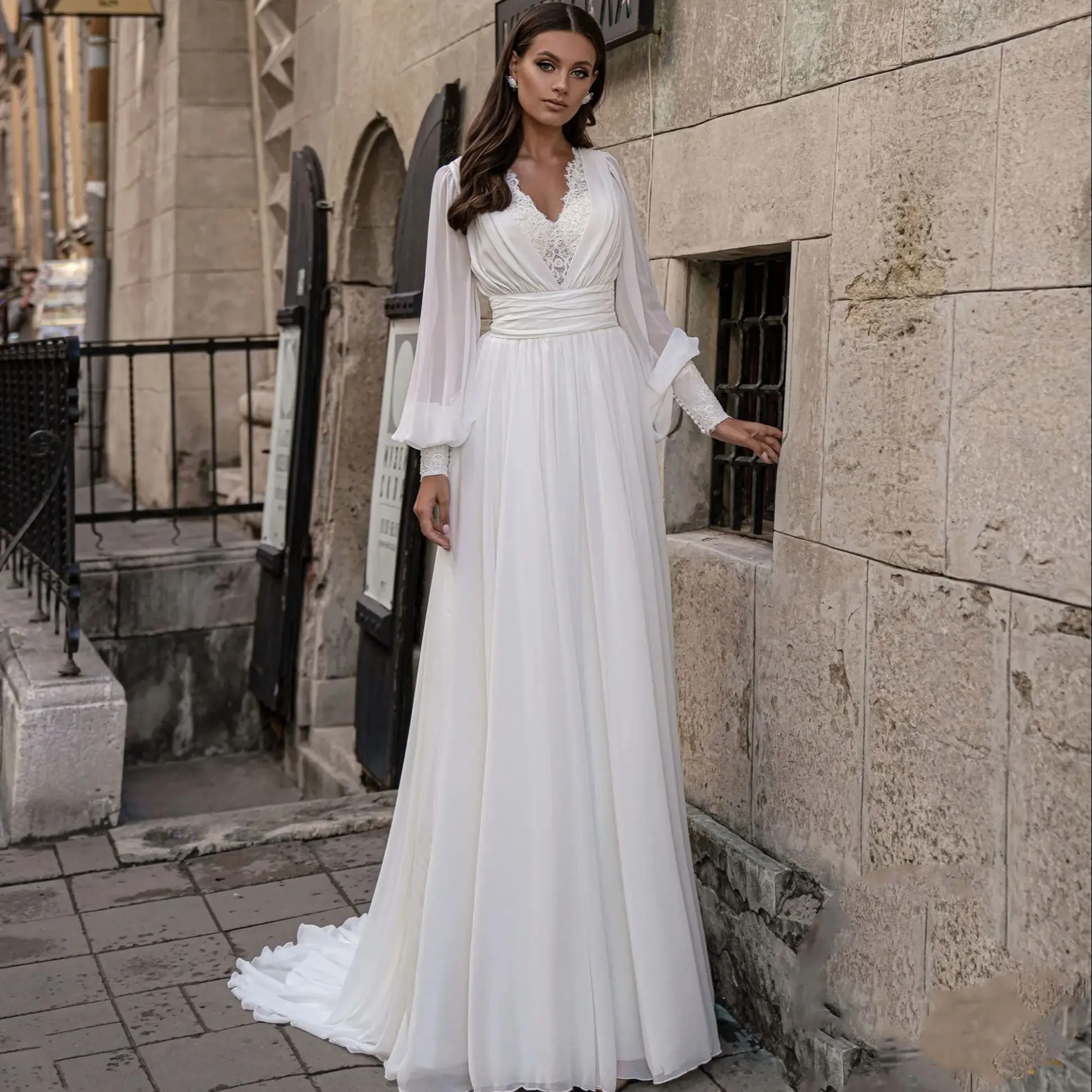 2024 Spring Wedding Dresses Full Sleeves Vestido de Novia Lace V Neck Bridal Gowns Boho Chiffon Robes de mariée Made to Order