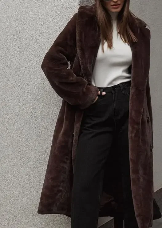 Manteau long en fausse fourrure pour femme avec ceinture, veste moelleuse, peluche floue, veste Sherpa, revers, respirant, chaud, hiver, nouveau