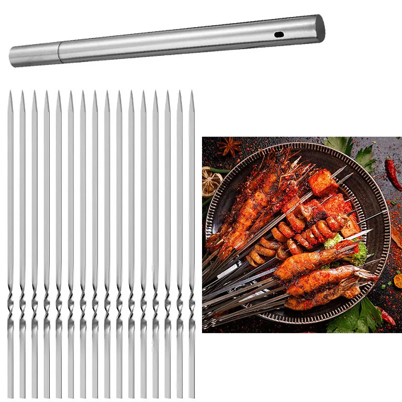 Szaszłyki do grilla wielokrotnego użytku szaszłyki ze stali nierdzewnej Shish Kebab BBQ Camping płaskie widelce gadżety akcesoria kuchenne narzędzia