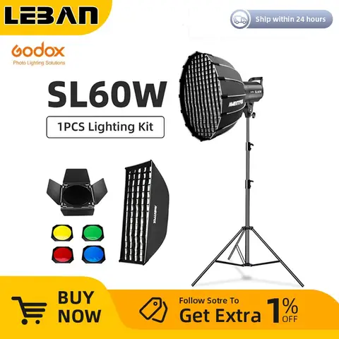 Godox LED Video Light SL-60W SL60W 5600K White Video Light Continuous Light + 60cm Honeycomb Grid Softbox + 2.8m Light Stand Kit