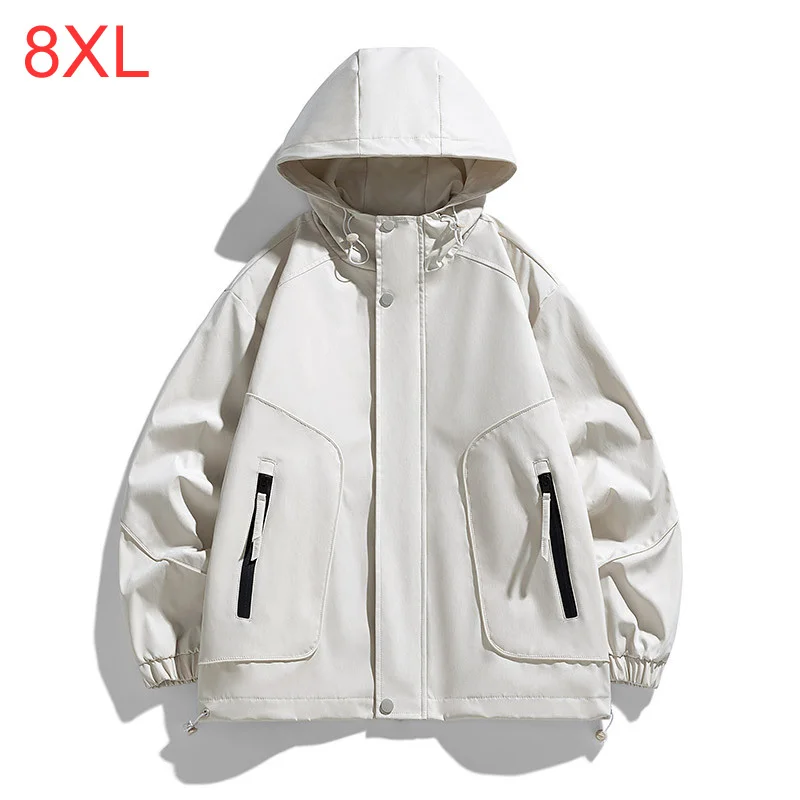 

Spring and Autumn Leisure Men's Hooded Youth Trendy Fashion Versatile Jacket Pocket Work Coat 140kg 8xl Waterproof Jacket