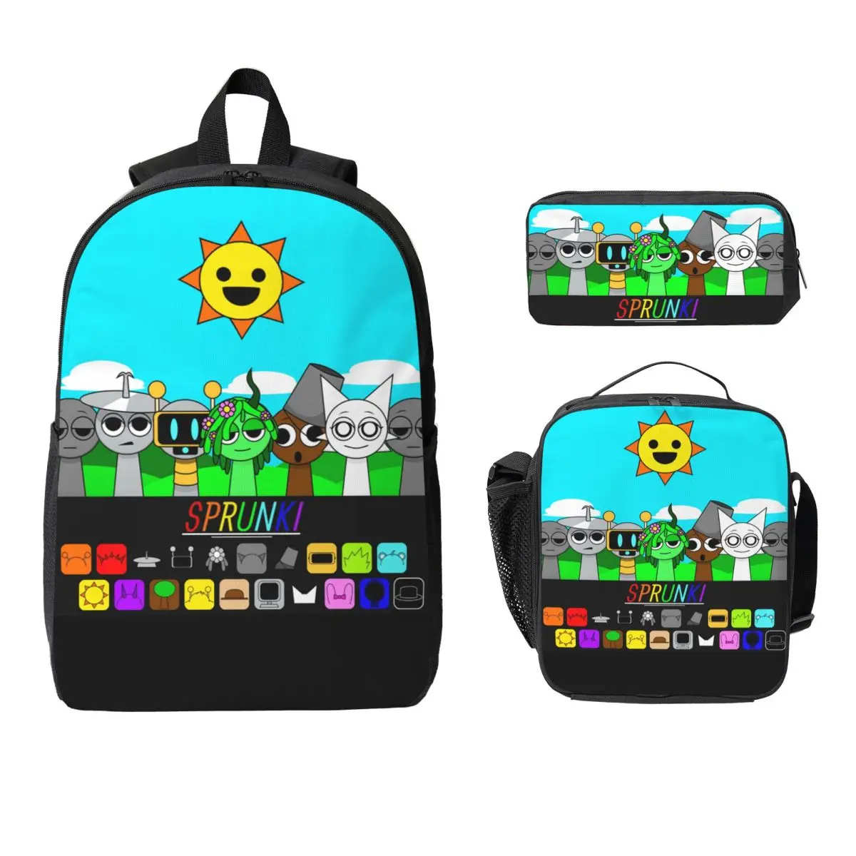 

3 шт., набор рюкзаков Sprunki для мальчиков и девочек, сумки для музыкальных видеоигр, ручки, наборы сумок для книг с коробкой для завтрака для школьников, рюкзак
