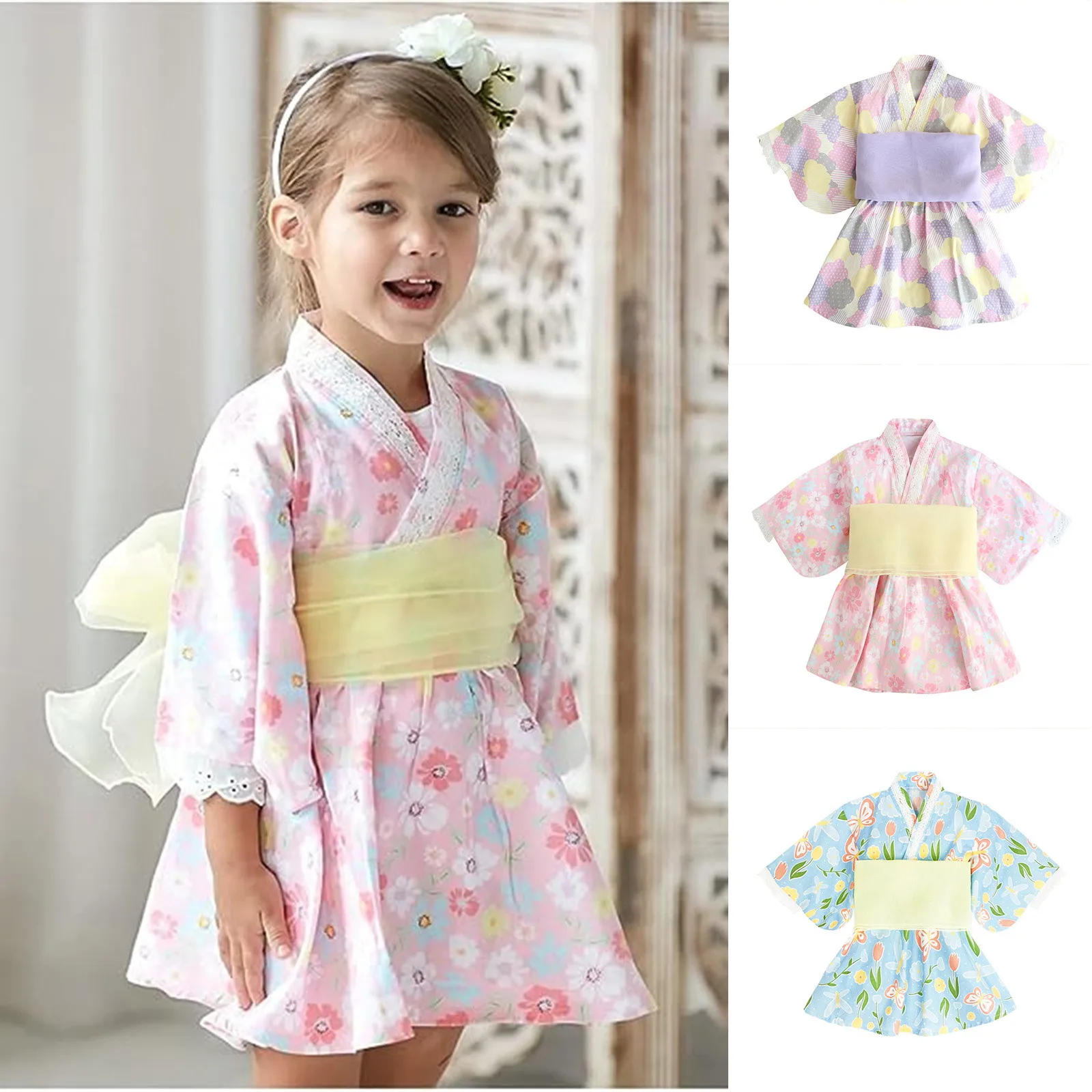 Baby Girl Rompers Japanese Style Kawaii Girls Floral Print Kimono Dress for Kids Costume Infant Yukata Asian Kimono Clothing