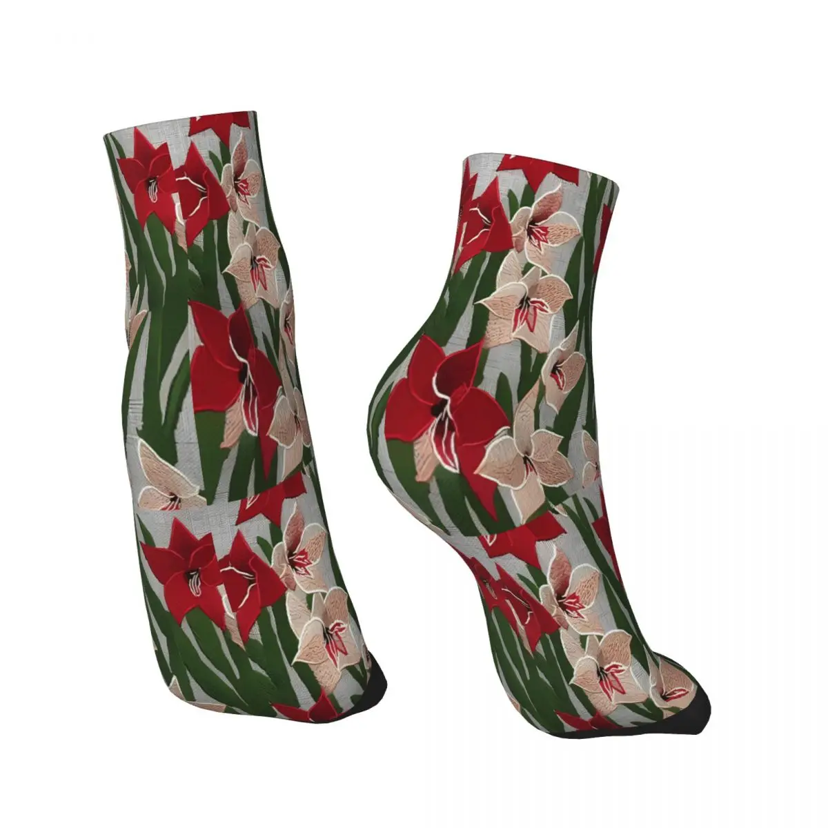 Red And White Amaryllis Embroidery Flowers Ankle Socks Male Mens Women Winter Stockings Polyester