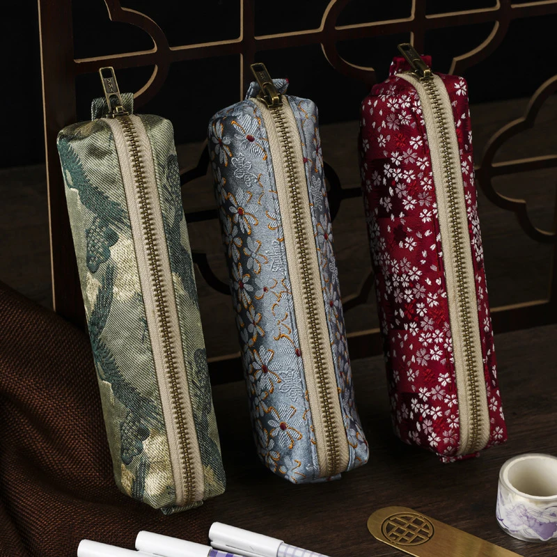 中国風の刺繍鉛筆ケースポータブル鉛筆ポーチ文具ペンバッグ高級メイクアップバッグ大容量化粧品バッグ