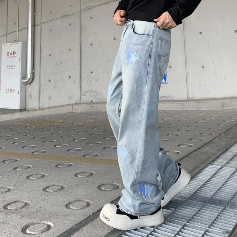 14010-2 American high-end new tide loose wide-leg hundred hundred hip-hop car leather jeans male