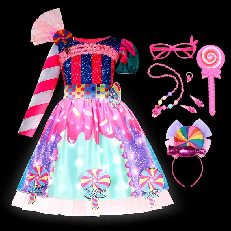 

Children Purim Festival Rainbow Candy Princess Dress With LED Lights Girls Lollipop Tutu Costume Kids Cosplay Party Ball Gown