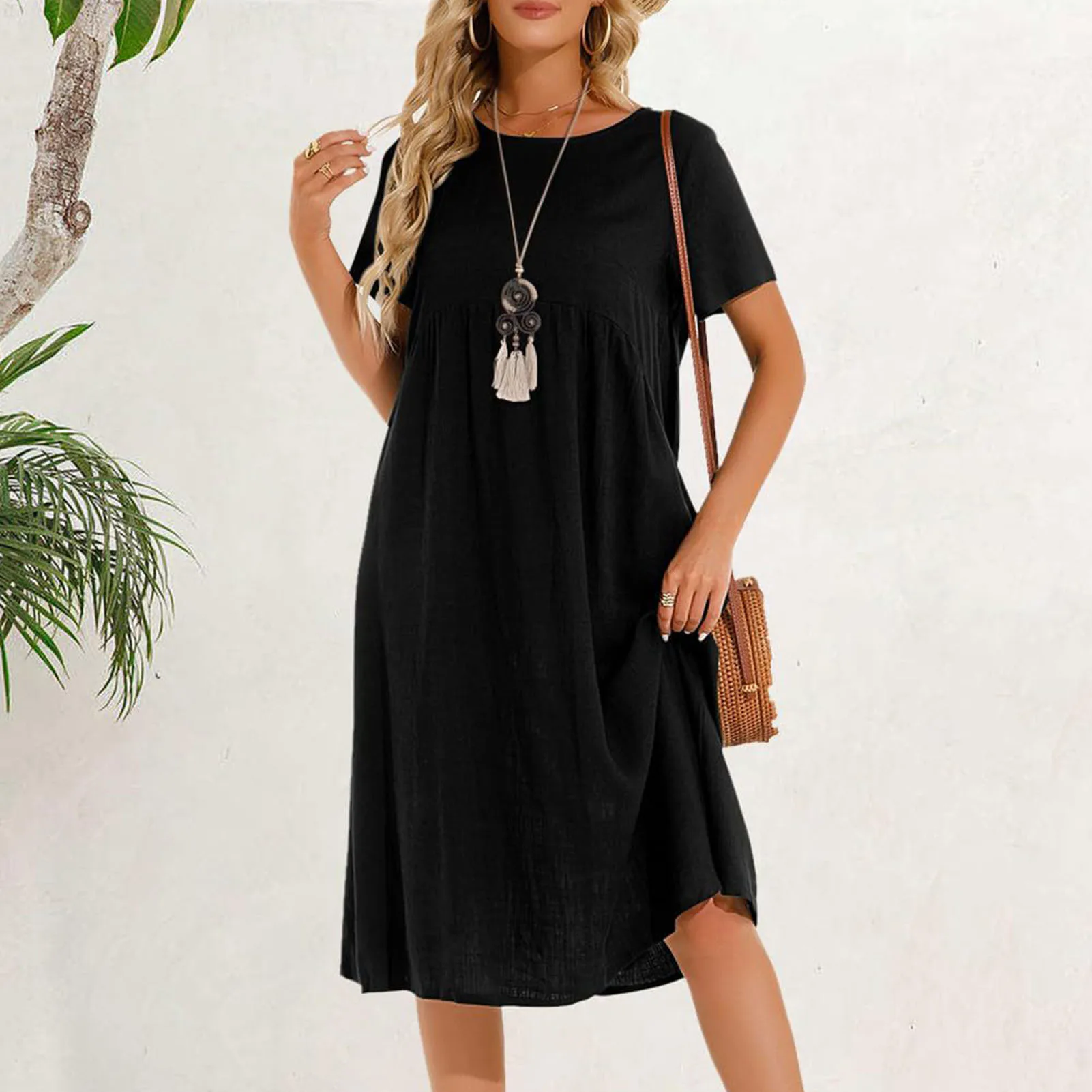 2025 봄 여성 코튼 린넨 맥시 드레스 여름 캐주얼 반팔 O넥 선드레스 여성 빈티지 포켓 루즈 롱 로브
