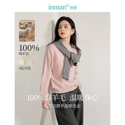 INMAN 100% sheep wool Women's sweater warm woolen 2024 autumn winter crewneck loose slimming bottom pullover tops