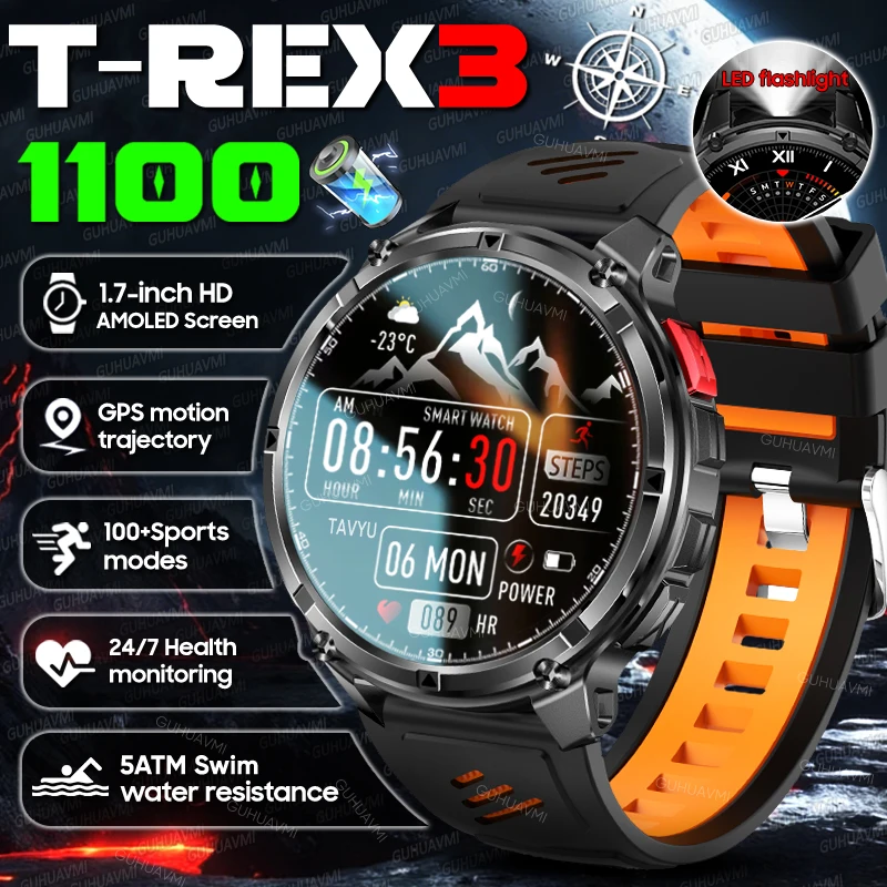 2026 جديد في الهواء الطلق 1100mAh بطارية كبيرة SmartWatch الرجال GPS Trackr البوصلة مصباح يدوي مقاوم للماء بلوتوث دعوة الرياضة Smartwatch