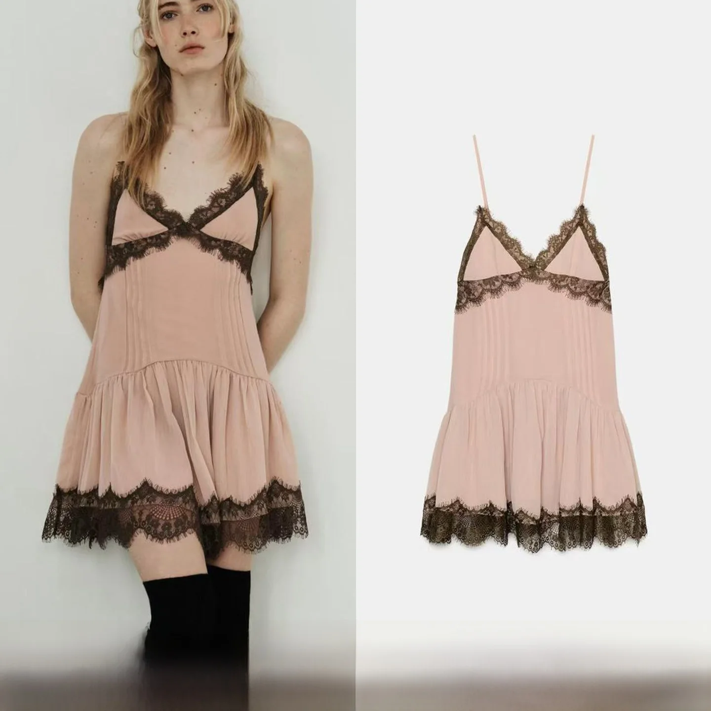 

Pure Desire Lace Splice Short Strapless Dress Elegant Waist-Cinching City Commute Casual Wear V-neck A-line Silhouette