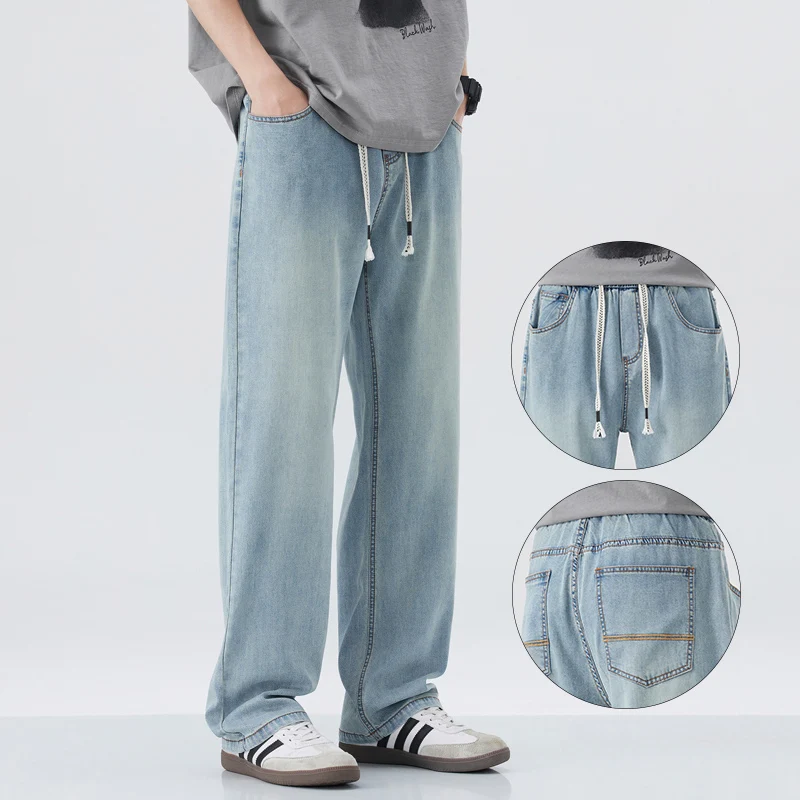 

Прямые свободные тонкие весенне-летние джинсы мужские дышащие лиоцелловые ткани с эластичной резинкой на талии модные брюки эластичные повседневные джинсовые брюки