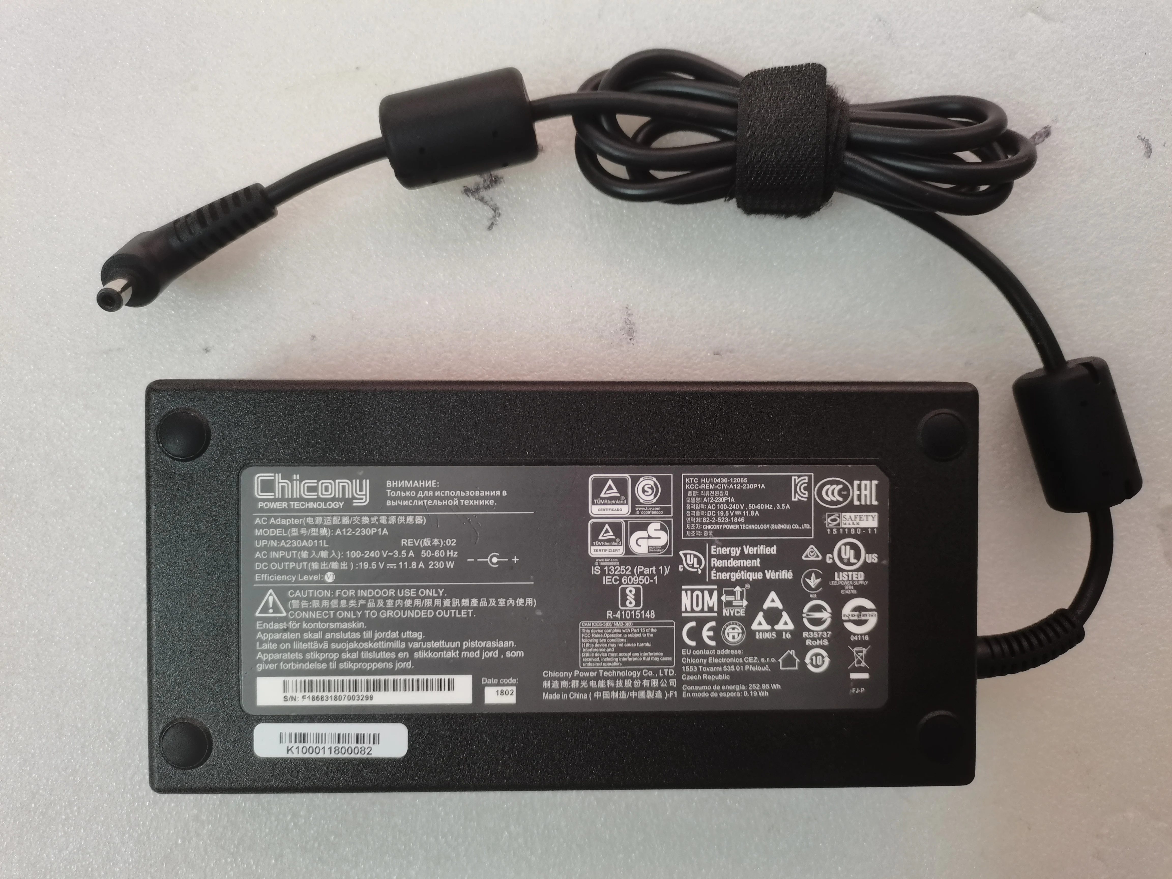 

OEM Chicony 19.5V 11.8A 230W A12-230P1A A230A011L REV:02 5.5mm*2.5mm AC Adapter For Clevo N957TP6 Gaming Laptop