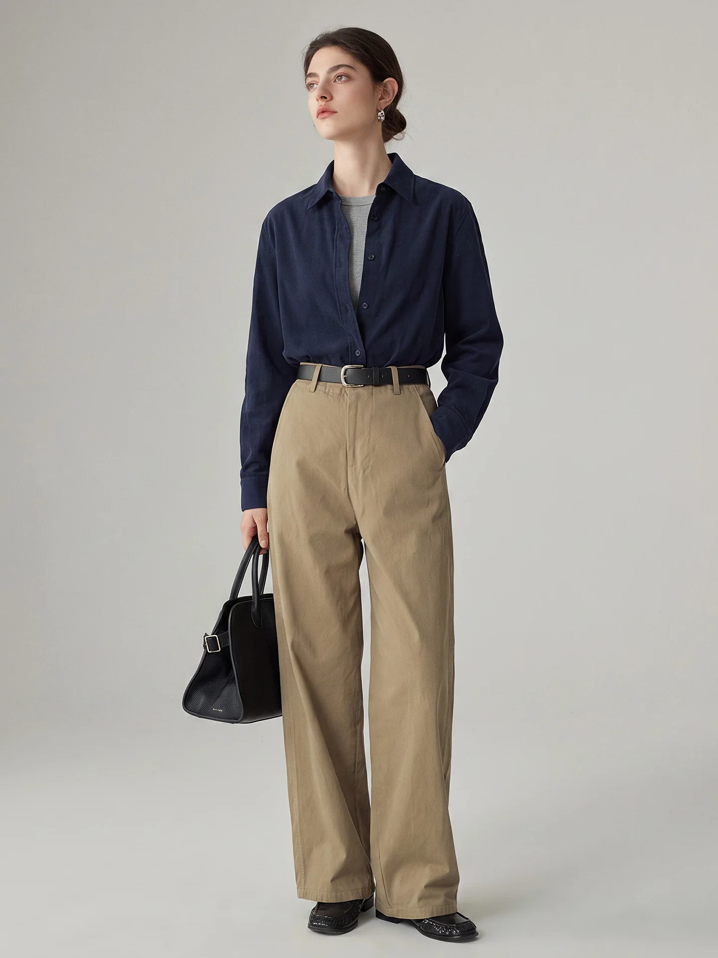 Classic Blue Long Sleeve Shirt Women's Spring Autumn Commute Design Slimming Layering Business Casual Straight Cut V-Neck