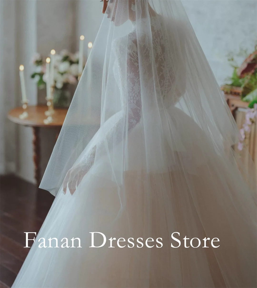 FANAN High Neck Tulle Appliques Princess Vintage Simple Elegant Wedding Dresses 웨딩드레스 Ivory Customized Pretty  Bride Dresses