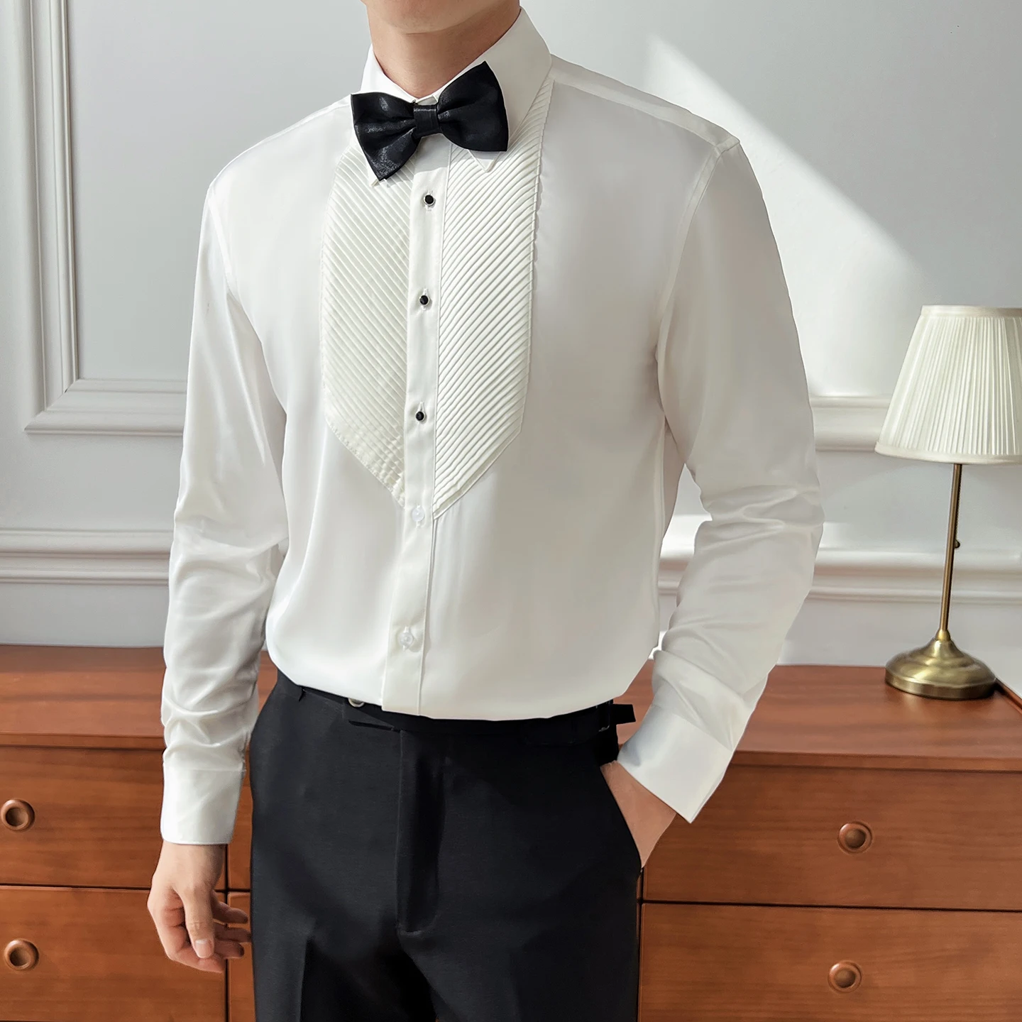 

British Style Men's Long Sleeve Shirt: Trendy, Handsome, Casual & Notched Collar, Embracing French Elegance