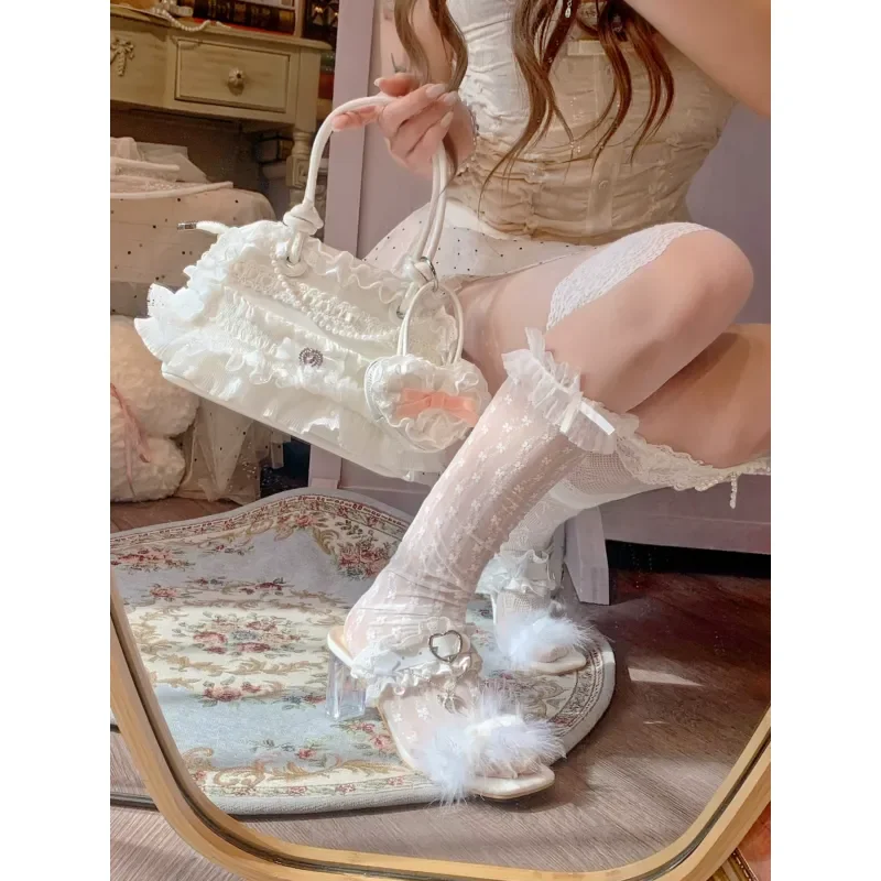 Sweet Core Japanese Style Lace Bow Tote Bag Sweet Lolita Shoulder Handbag with Ribbon Decoration Cute Cake Bag for Daily